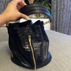 Elizabeth and James Black Leather Croc Bucket Bag